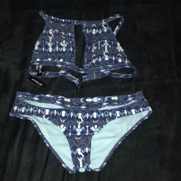 PRICE FIRM ~  Blue and White High Neck Bikini - Picture 1 of 1